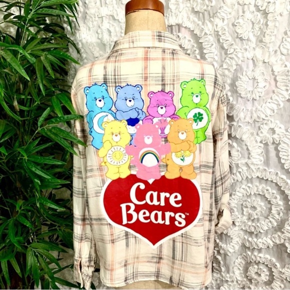 Care Bears Graphic Bleached Plaid Button Front Long Sleeve Flannel Shirt- XS - Picture 6 of 11